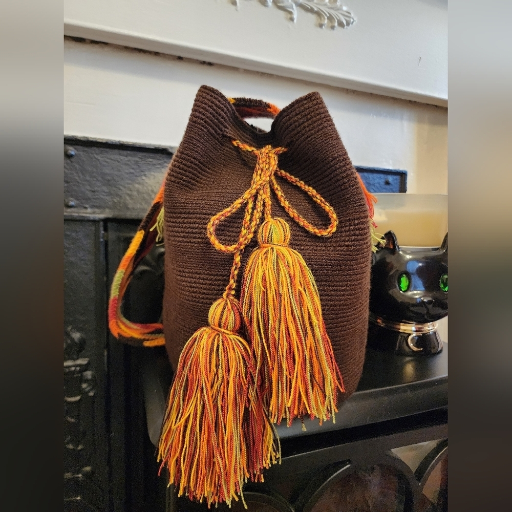 Brown Handmade Crochet Bucket Bag with Orange Tassels Boho Crossbody